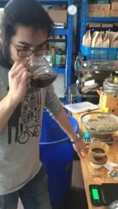 Sample roast testing at Plat Coffee Roastery in Hong Kong